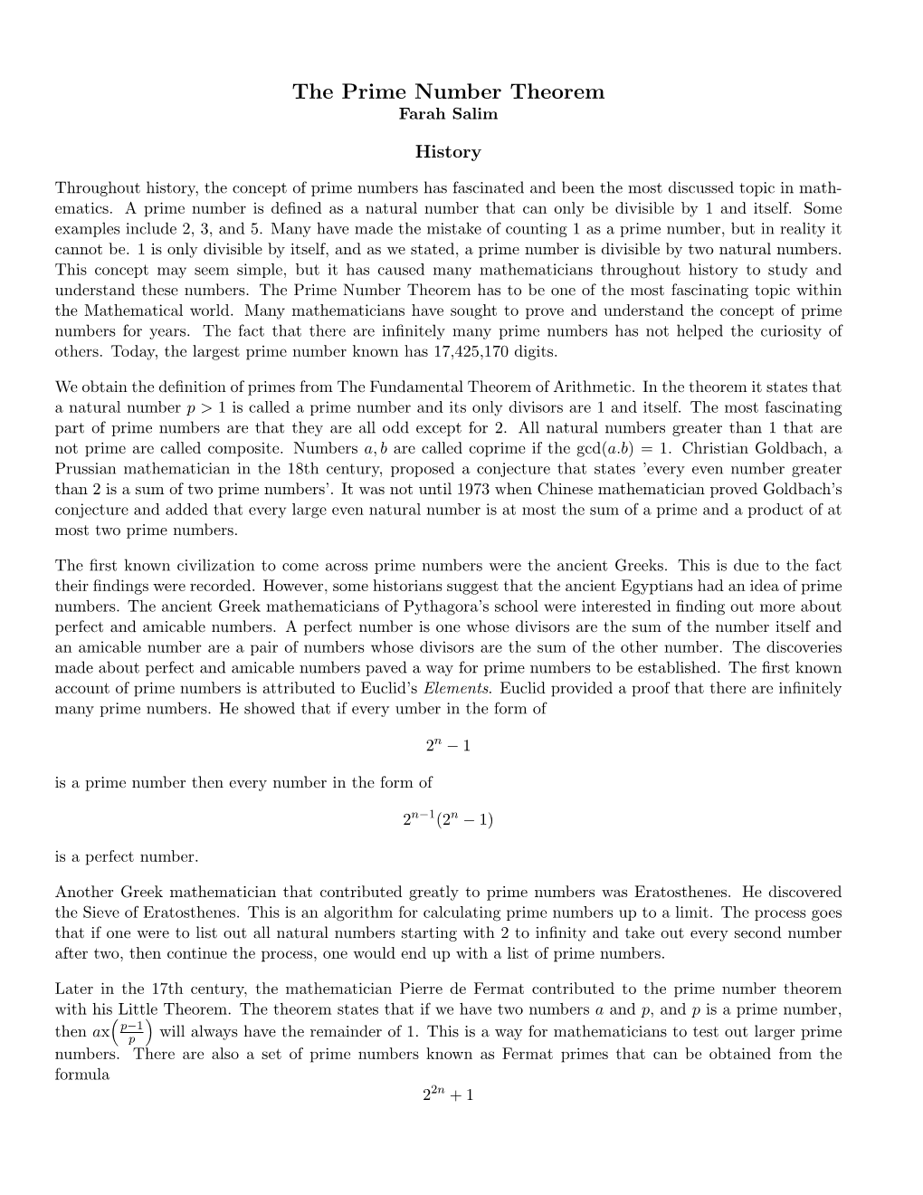 The Prime Number Theorem Farah Salim