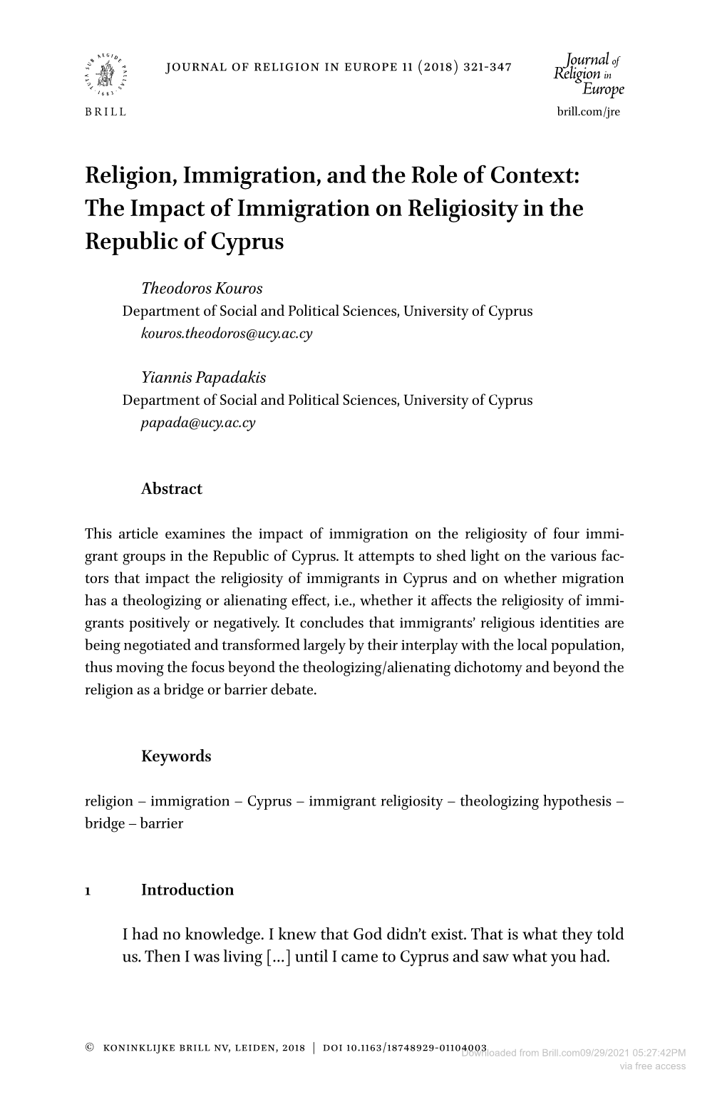 Religion, Immigration, and the Role of Context: the Impact of Immigration on Religiosity in the Republic of Cyprus