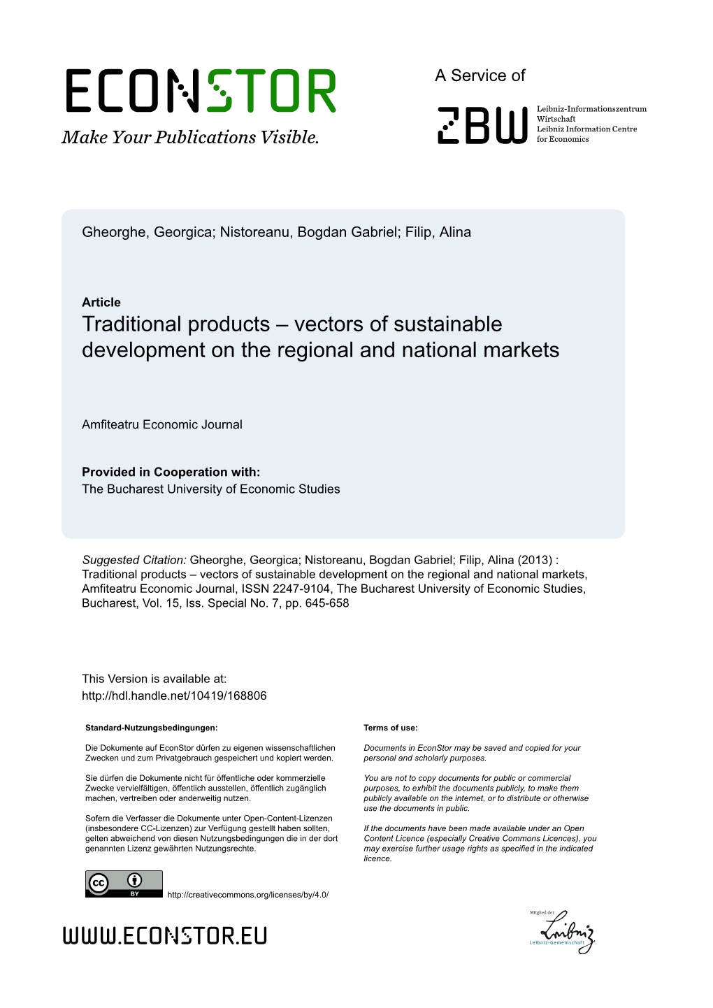 Traditional Products – Vectors of Sustainable Development on the Regional and National Markets