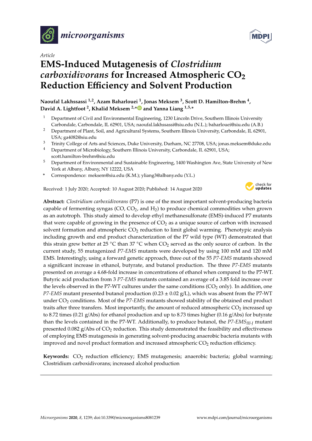 EMS-Induced Mutagenesis of Clostridium Carboxidivorans for Increased Atmospheric CO2 Reduction Eﬃciency and Solvent Production