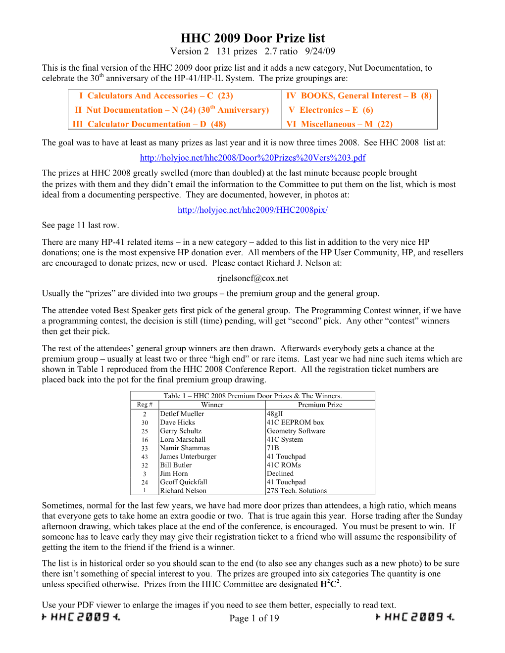 HHC 2009 Door Prize List Version 2 131 Prizes 2.7 Ratio 9/24/09