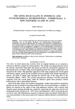 The Sting Bulb Gland in Myrmecia and Nothomyrmecia (Hymenoptera" Formicidae): a New Exocrine Gland in Ants