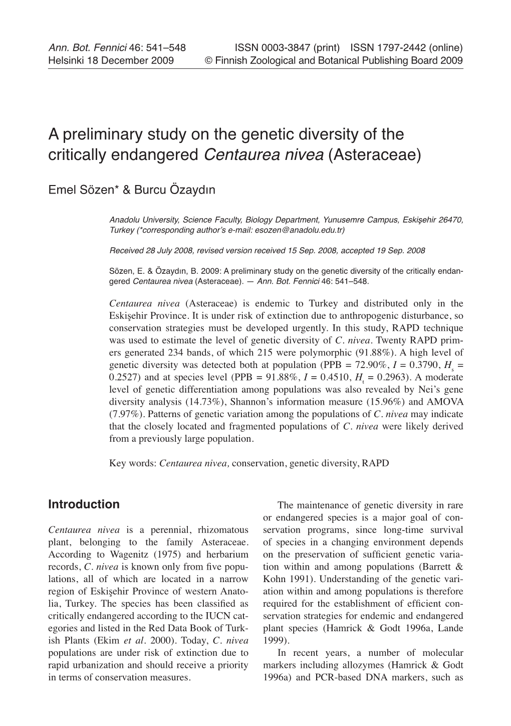 A Preliminary Study on the Genetic Diversity of the Critically Endangered Centaurea Nivea (Asteraceae)