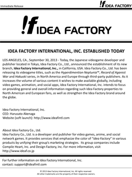 Idea Factory International, Inc. Established Today