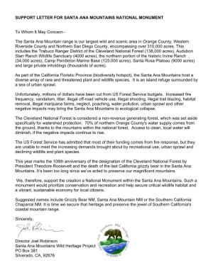 Support Letter for Santa Ana Mountains National Monument