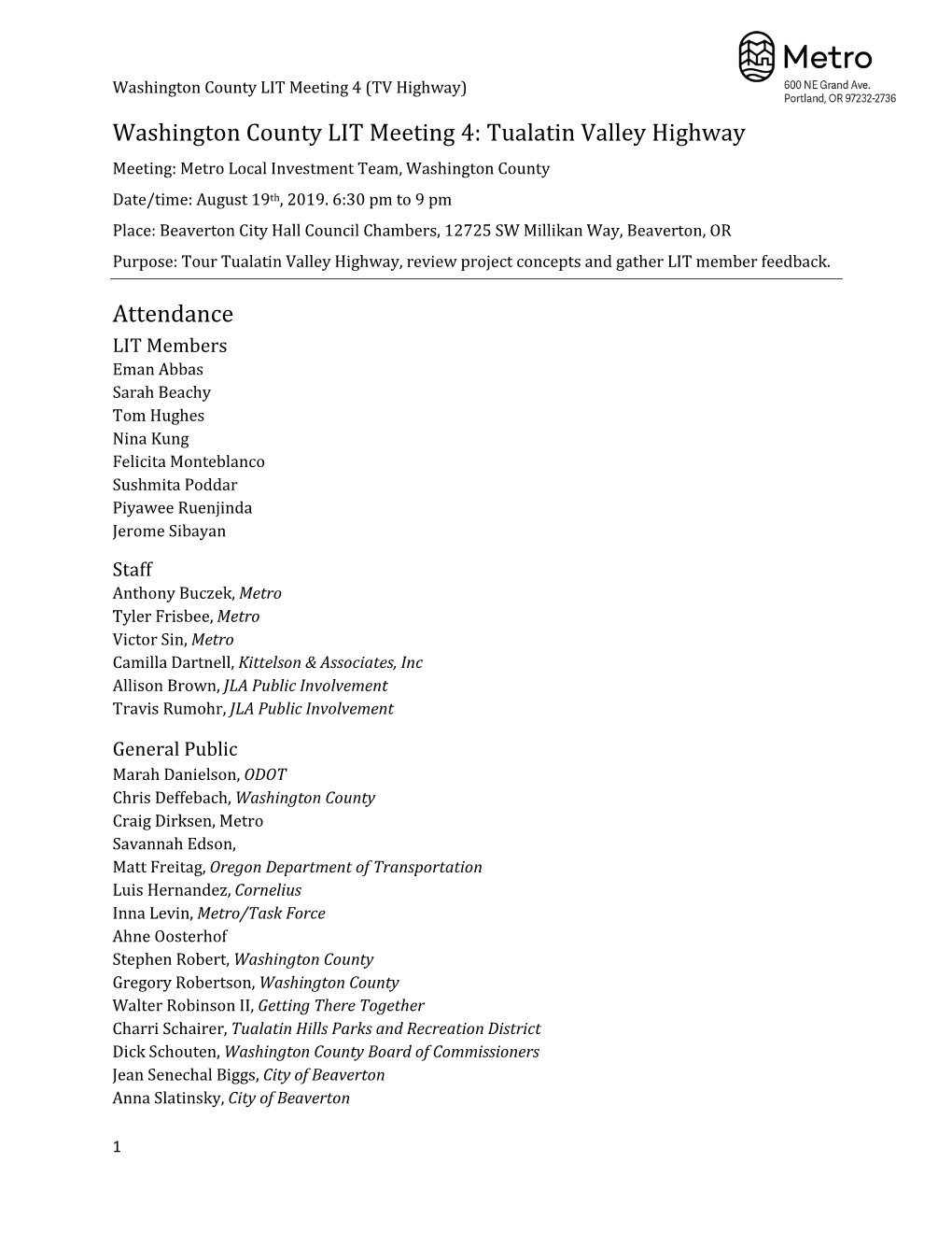 Washington County LIT Meeting 4: Tualatin Valley Highway Meeting: Metro Local Investment Team, Washington County Date/Time: August 19Th, 2019