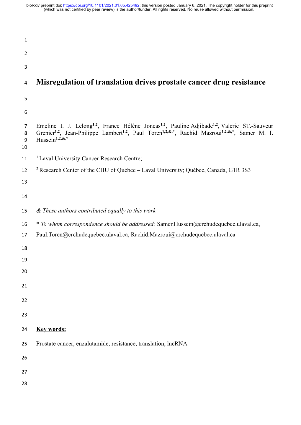 Misregulation of Translation Drives Prostate Cancer Drug Resistance