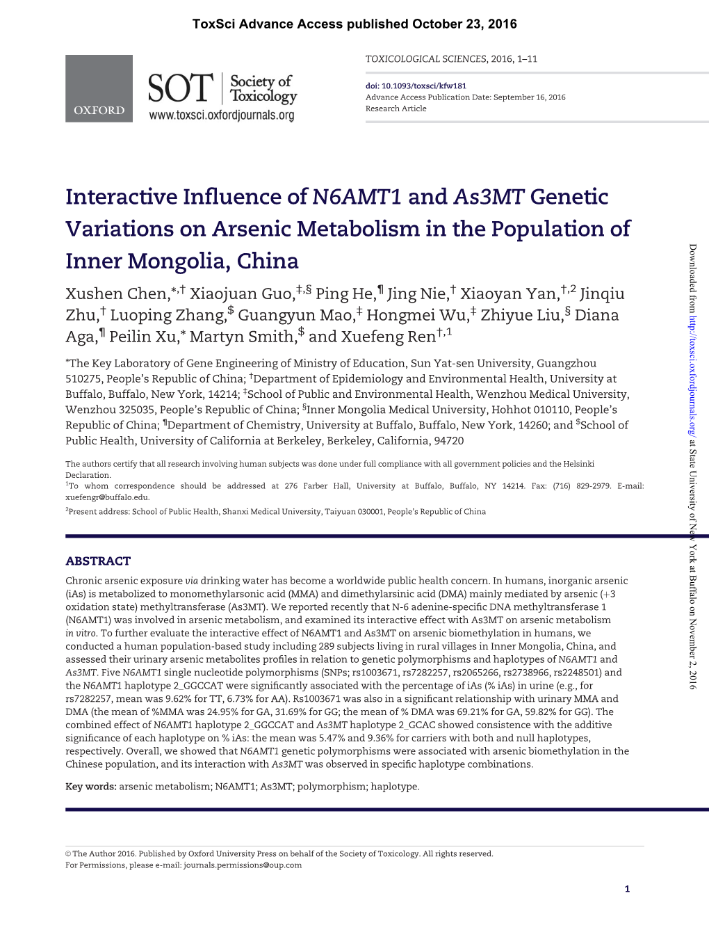 Interactive Influence of N6AMT1 and As3mt Genetic Variations On