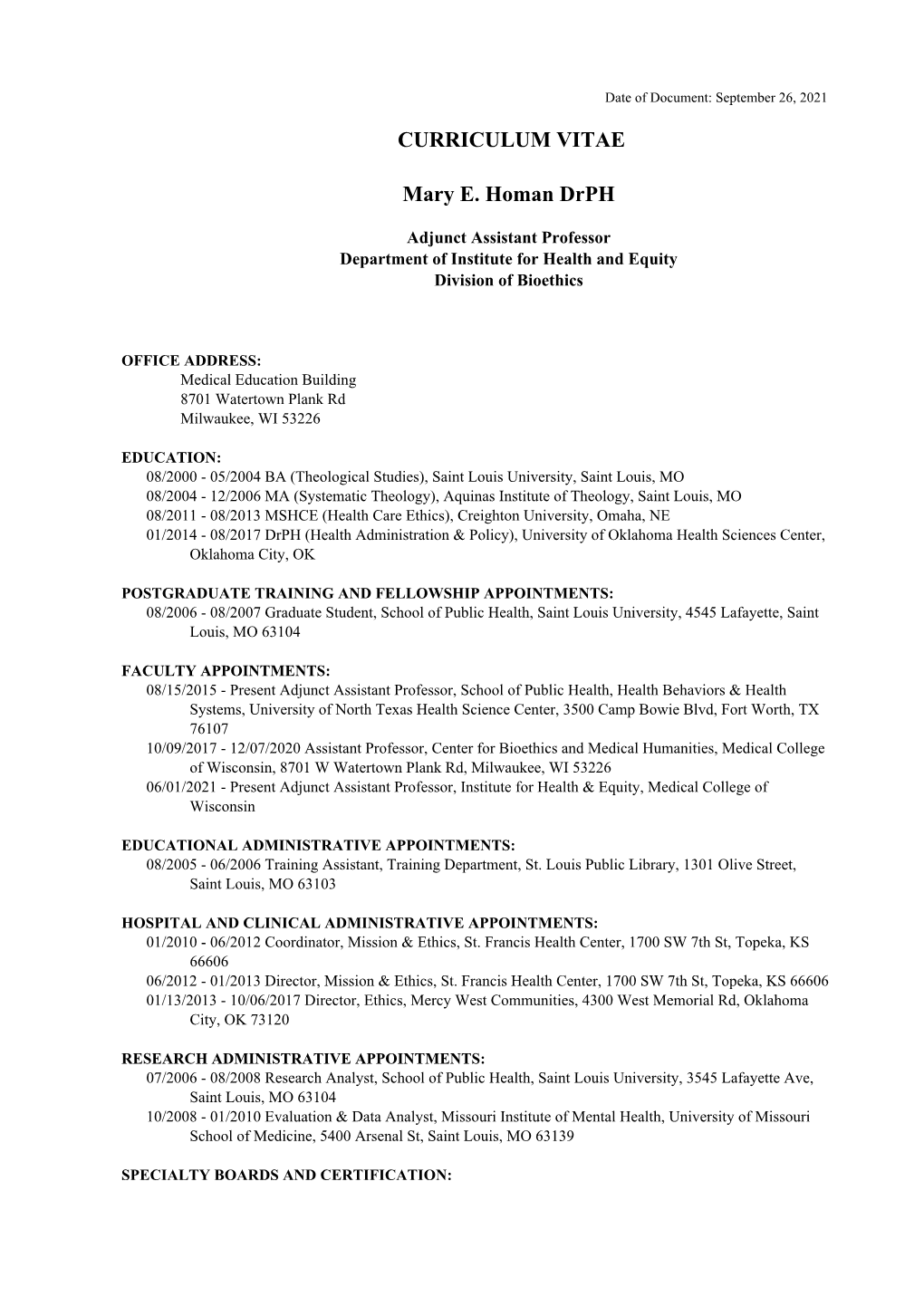 Mary E. Homan Drph Curriculum Vitae CV