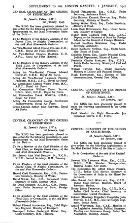 SUPPLEMENT to the LONDON GAZETTE, I JANUARY, 1947 CENTRAL CHANCERY of the ORDERS Harold FIELDHOUSE, Esq., O.B.E., Under of KNIGHTHOOD