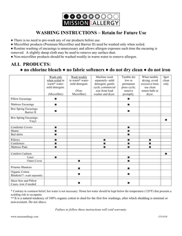 WASHING INSTRUCTIONS – Retain for Future Use ALL PRODUCTS