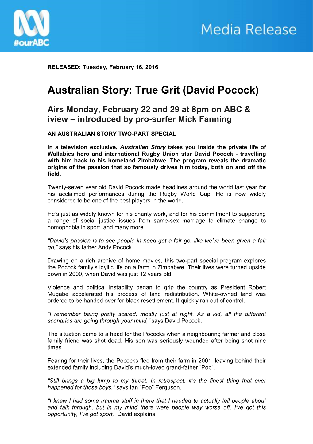 Australian Story: True Grit (David Pocock)