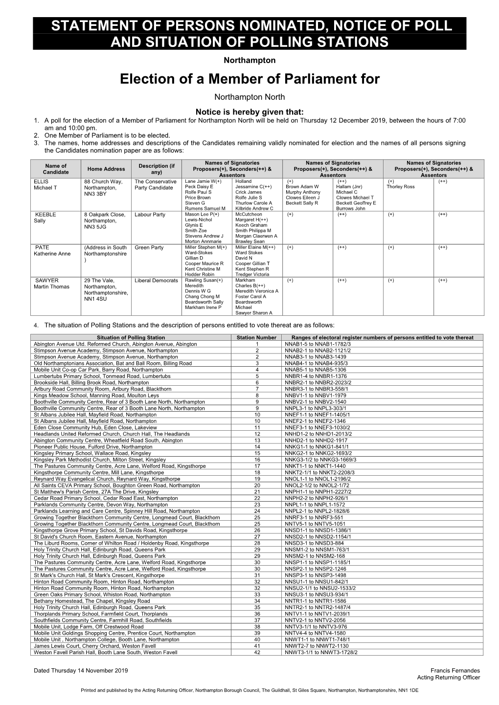 Statement of Persons Nominated, Notice of Poll and Situation of Polling Stations