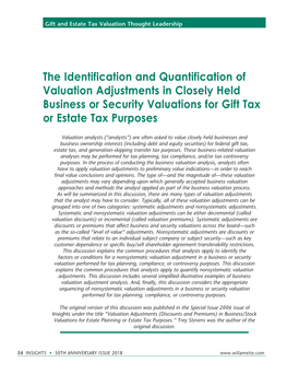 The Identification and Quantification of Valuation Adjustments in Closely Held Business Or Security Valuations for Gift Tax Or Estate Tax Purposes