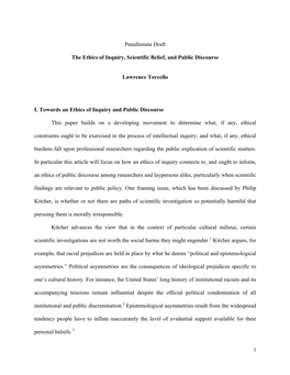 Penultimate Draft the Ethics of Inquiry, Scientific Belief, and Public