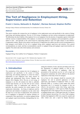 The Tort of Negligence in Employment Hiring, Supervision and Retention