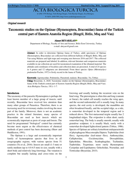 Taxonomic Studies on the Opiinae (Hymenoptera, Braconidae) Fauna of the Turkish Central Part of Eastern Anatolia Region (Bingöl, Bitlis, Muş and Van)