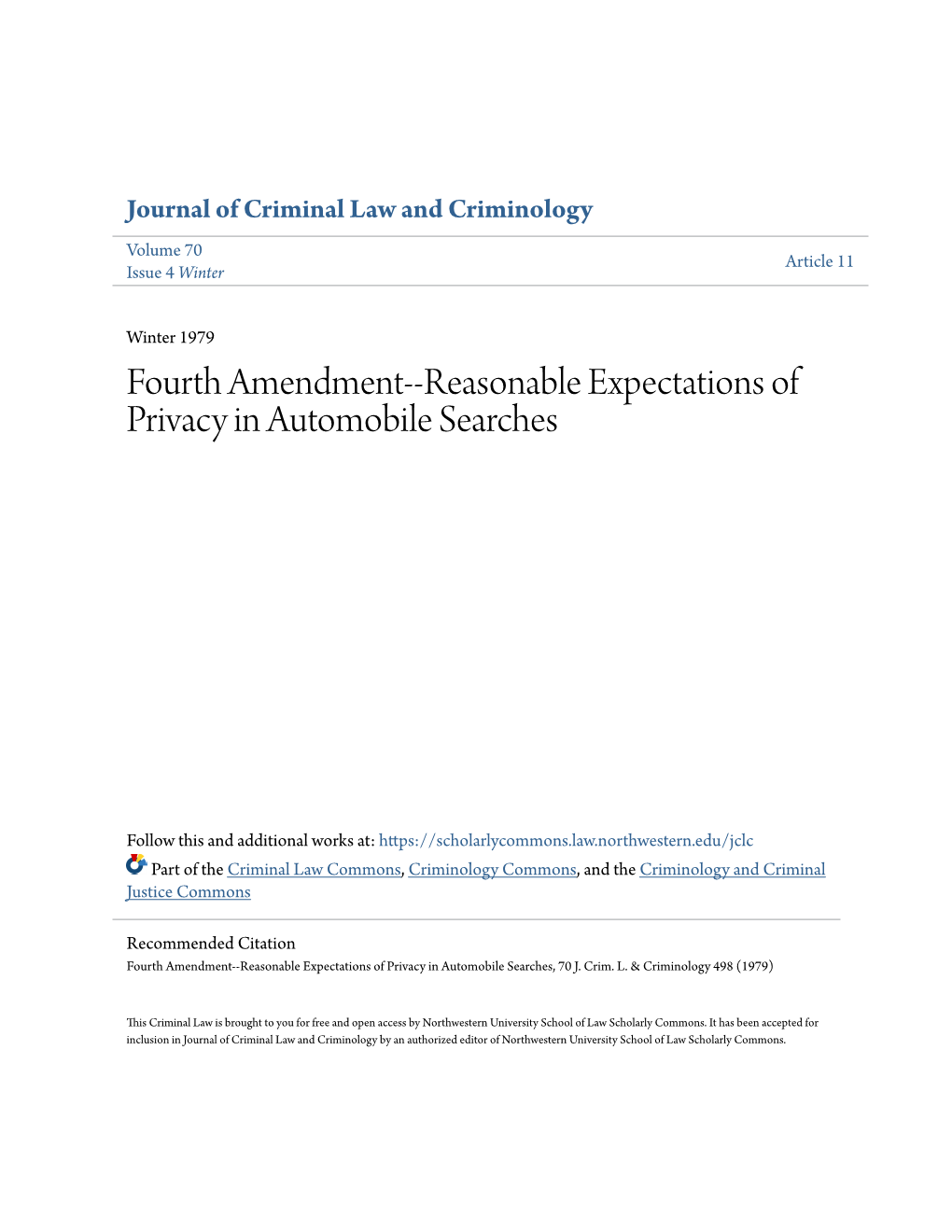 Fourth Amendment--Reasonable Expectations of Privacy in Automobile Searches