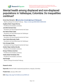 Mental Health Among Displaced and Non-Displaced Populations in Valledupar, Colombia: Do Inequalities Continue?