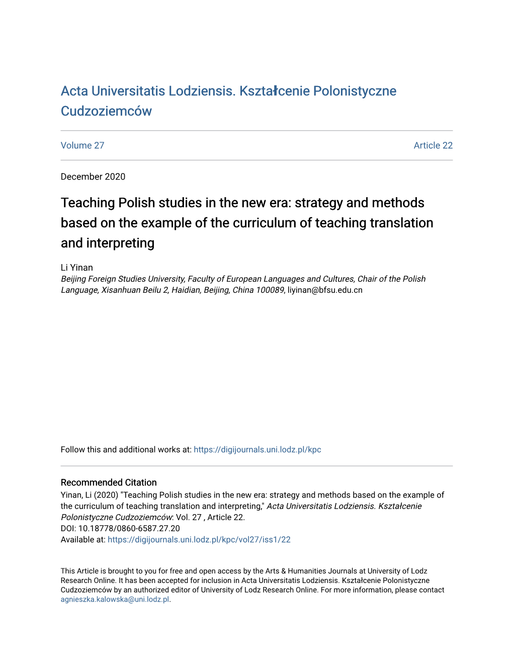 Teaching Polish Studies in the New Era: Strategy and Methods Based on the Example of the Curriculum of Teaching Translation and Interpreting