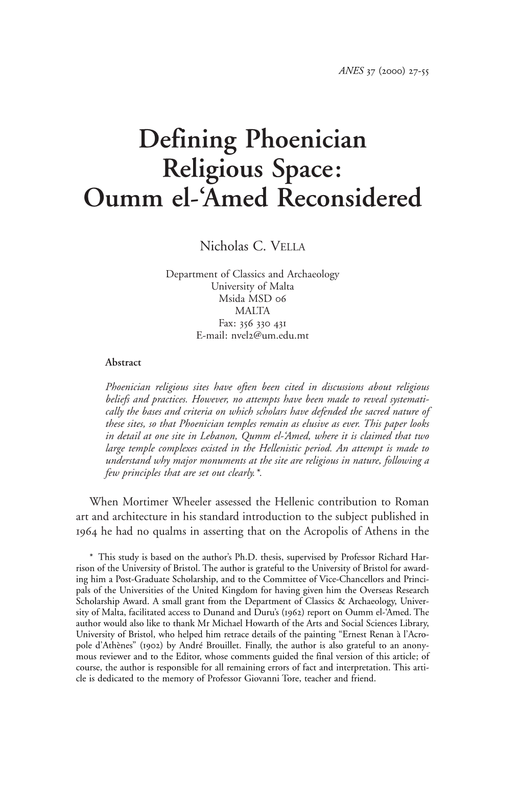Defining Phoenician Religious Space: Oumm El-'Amed