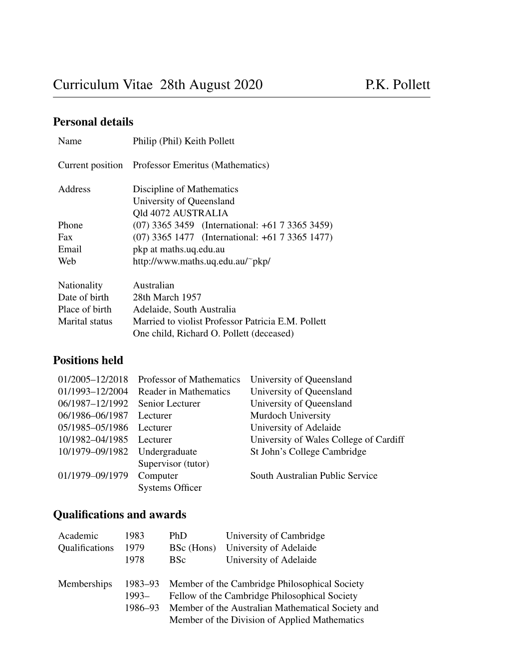 Curriculum Vitae 28Th August 2020 P.K. Pollett