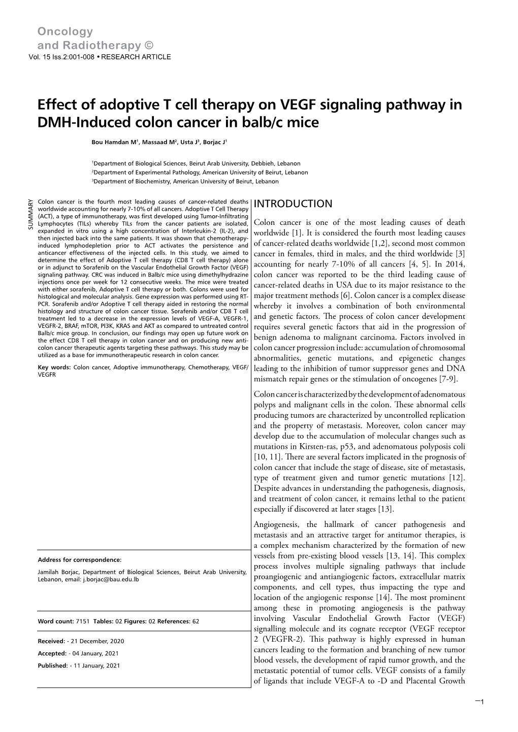 Effect of Adoptive T Cell Therapy on VEGF Signaling Pathway in DMH-Induced Colon Cancer in Balb/C Mice