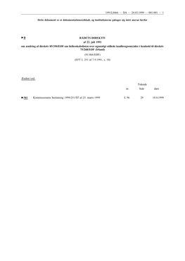 RÅDETS DIREKTIV Af 22. Juli 1991 Om Ændring Af Direktiv 85/350/EØF Om Fællesskabslisten Over Ugunstigt Stillede Landbrugsomr