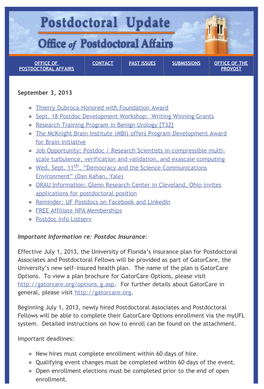 UF Postdoctoral Update: September 3, 2013 - Office of Postdoctoral Affairs