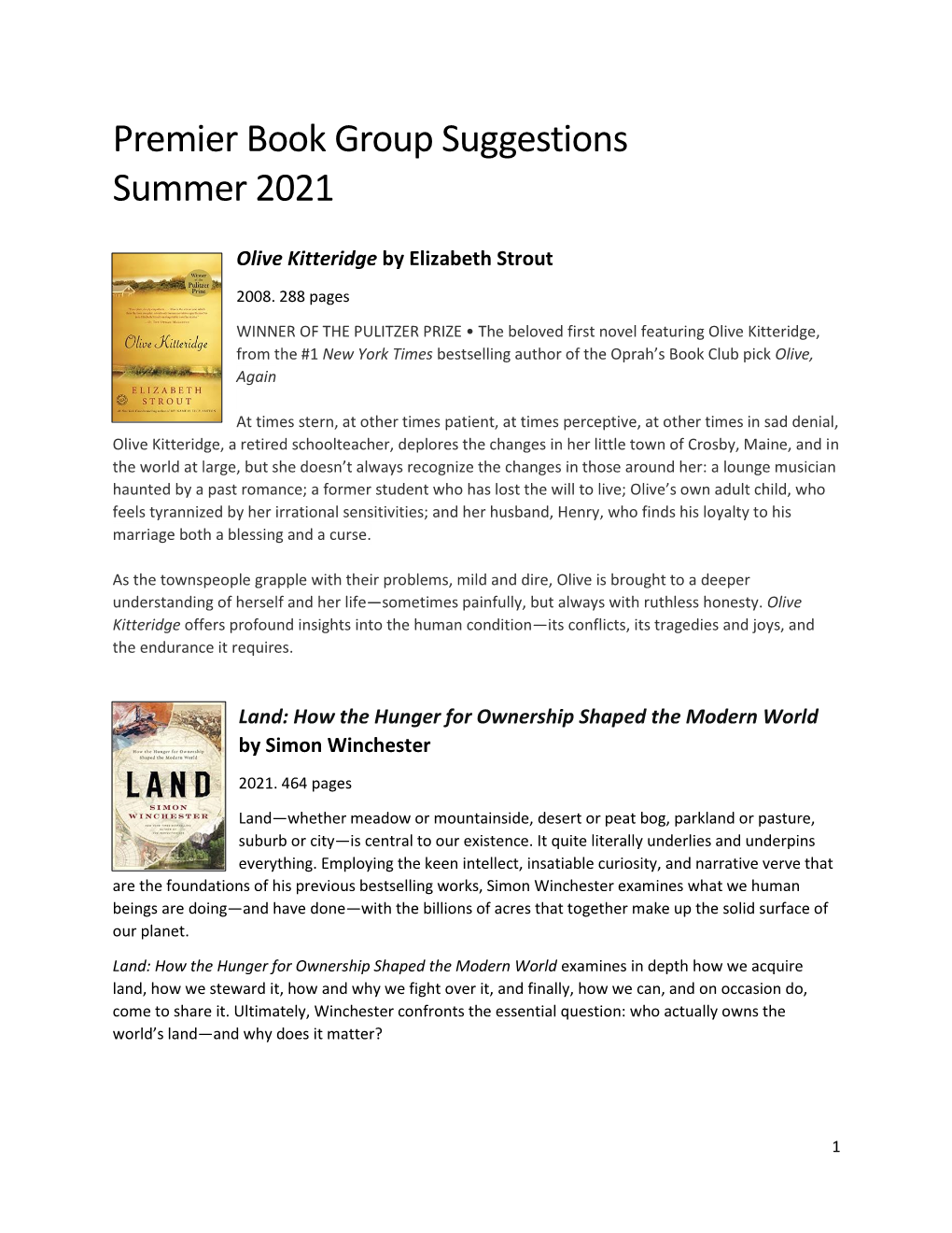 Premier Book Group Suggestions Summer 2021