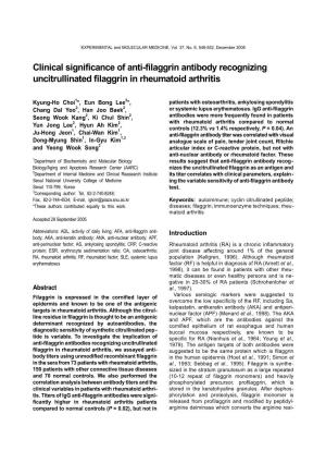 Clinical Significance of Anti-Filaggrin Antibody Recognizing Uncitrullinated Filaggrin in Rheumatoid Arthritis