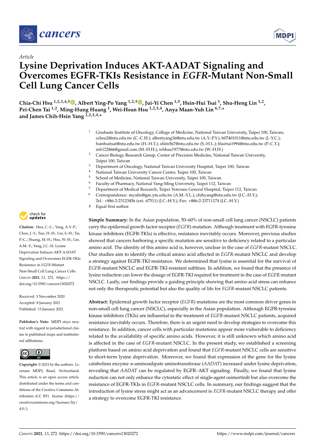 Lysine Deprivation Induces AKT-AADAT Signaling and Overcomes EGFR-Tkis Resistance in EGFR-Mutant Non-Small Cell Lung Cancer Cells