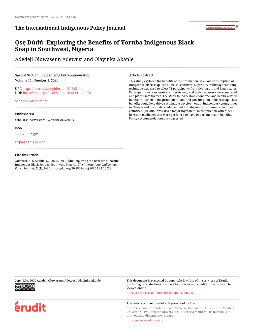 Exploring the Benefits of Yoruba Indigenous Black Soap in Southwest, Nigeria Adedeji Oluwaseun Adewusi and Olayinka Akanle