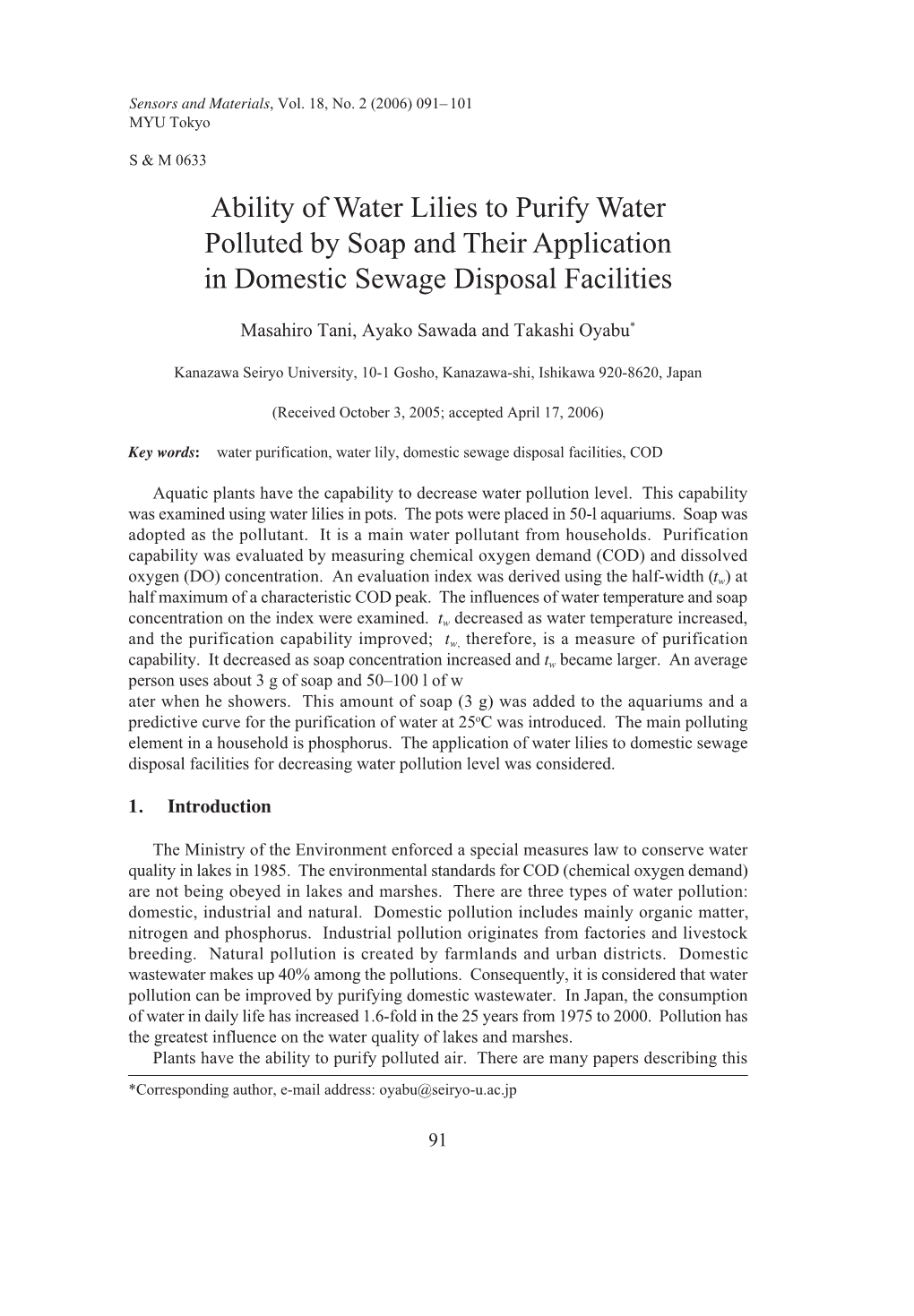 Ability of Water Lilies to Purify Water Polluted by Soap and Their Application in Domestic Sewage Disposal Facilities