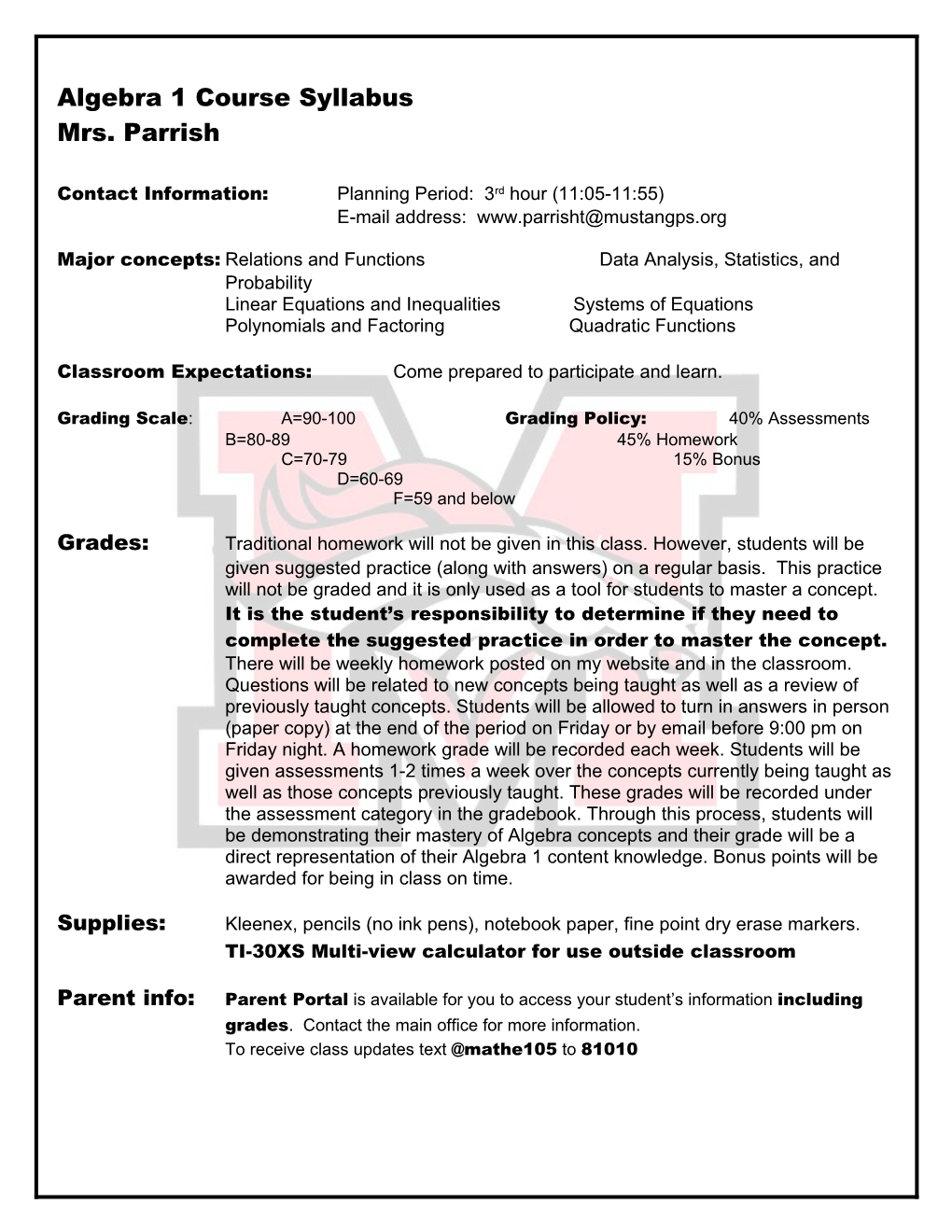 Algebra 1 Course Syllabus