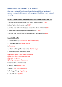 Outfield Festival Quiz X Answers 13/14Th June 2020 (Scores Are Adjusted for Minor Spelling Mistakes, Additional Words, and Rando