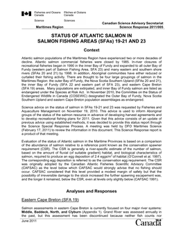 STATUS of ATLANTIC SALMON in SALMON FISHING AREAS (Sfas) 19-21 and 23