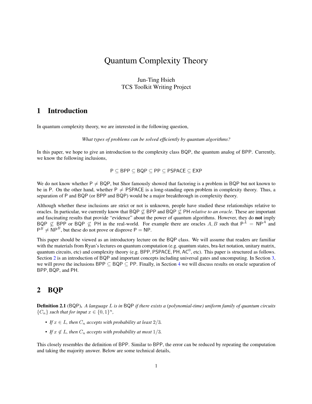 Quantum Complexity Theory