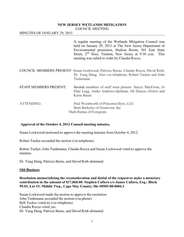 New Jersey Wetlands Mitigation Council Meeting Minutes of January 29, 2013