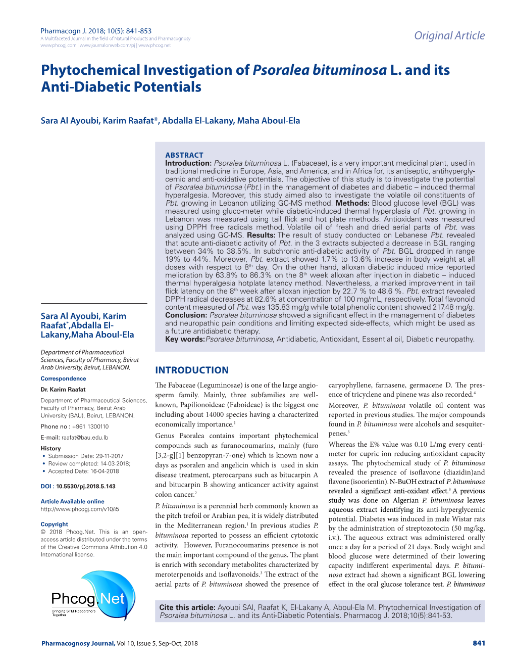Phytochemical Investigation of Psoralea Bituminosa L. and Its Anti-Diabetic Potentials