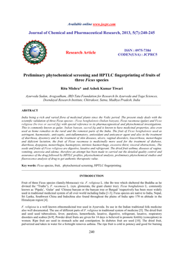 Preliminary Phytochemical Screening and HPTLC Fingerprinting of Fruits of Three Ficus Species