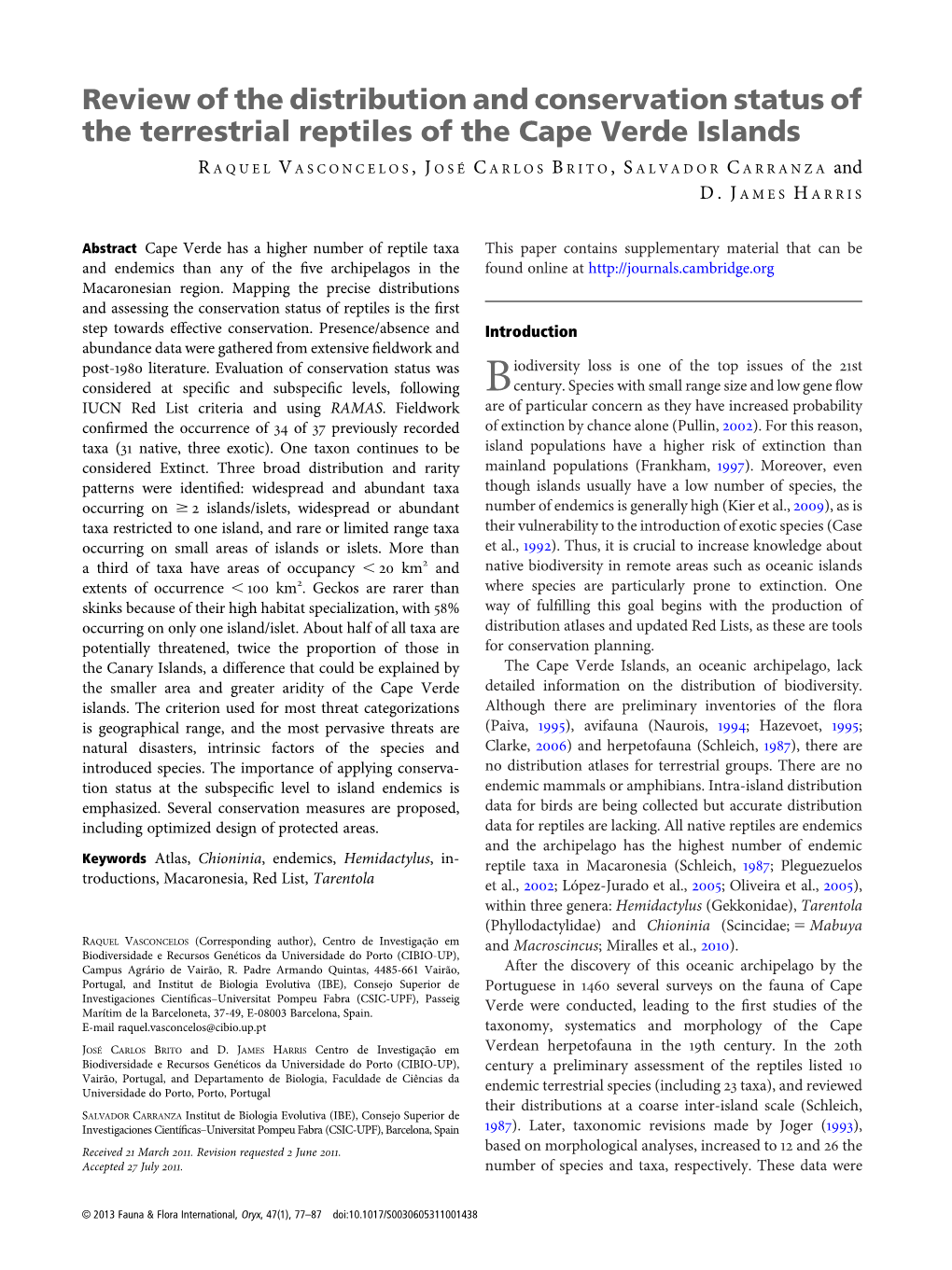 Review of the Distribution and Conservation Status of the Terrestrial Reptiles of the Cape Verde Islands