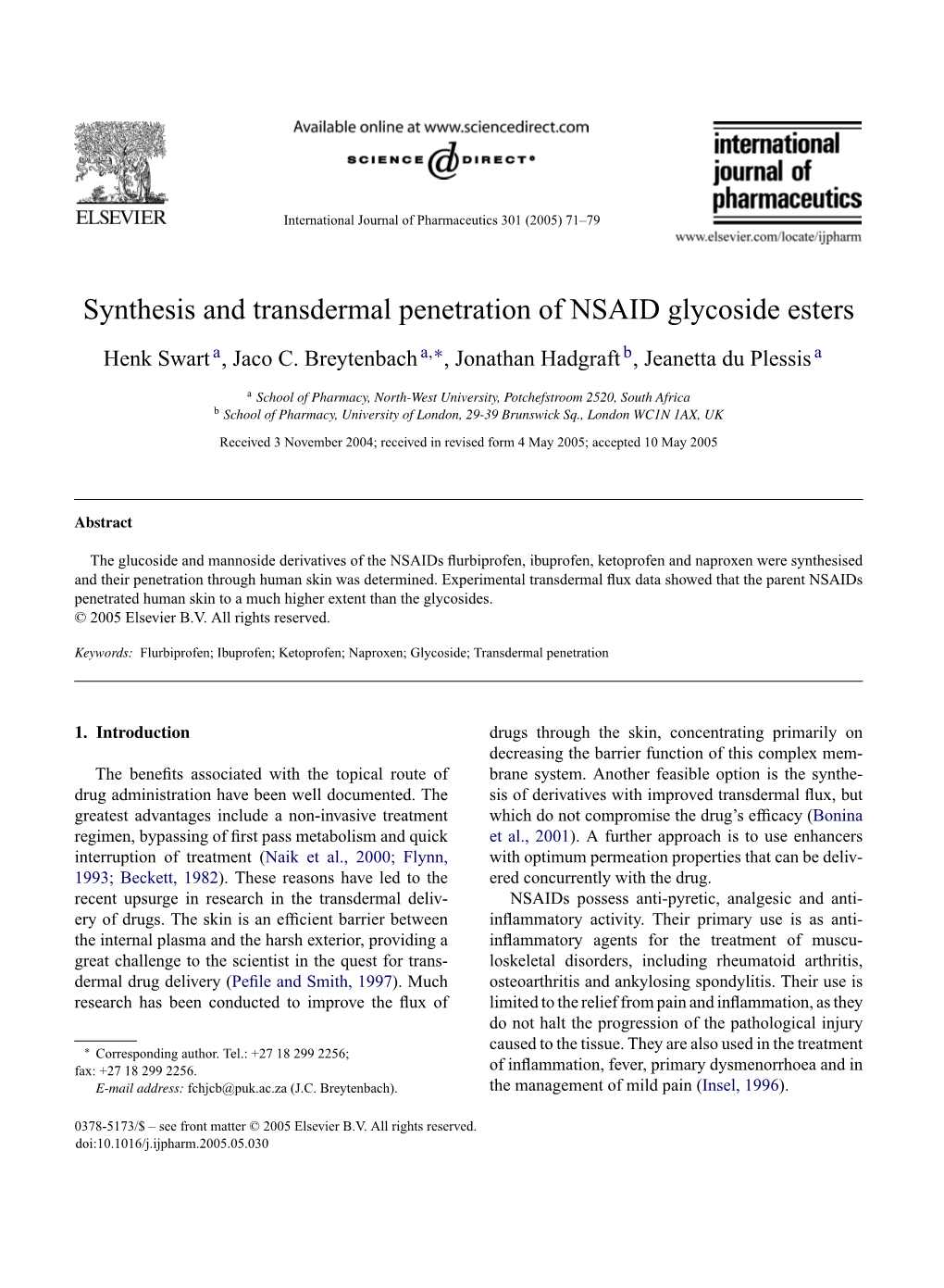 Synthesis and Transdermal Penetration of NSAID Glycoside Esters