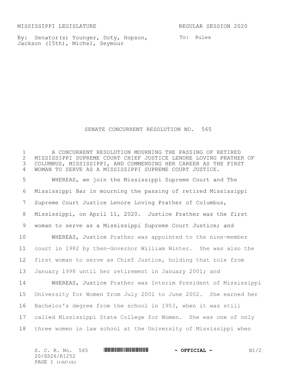 MISSISSIPPI LEGISLATURE REGULAR SESSION 2020 By