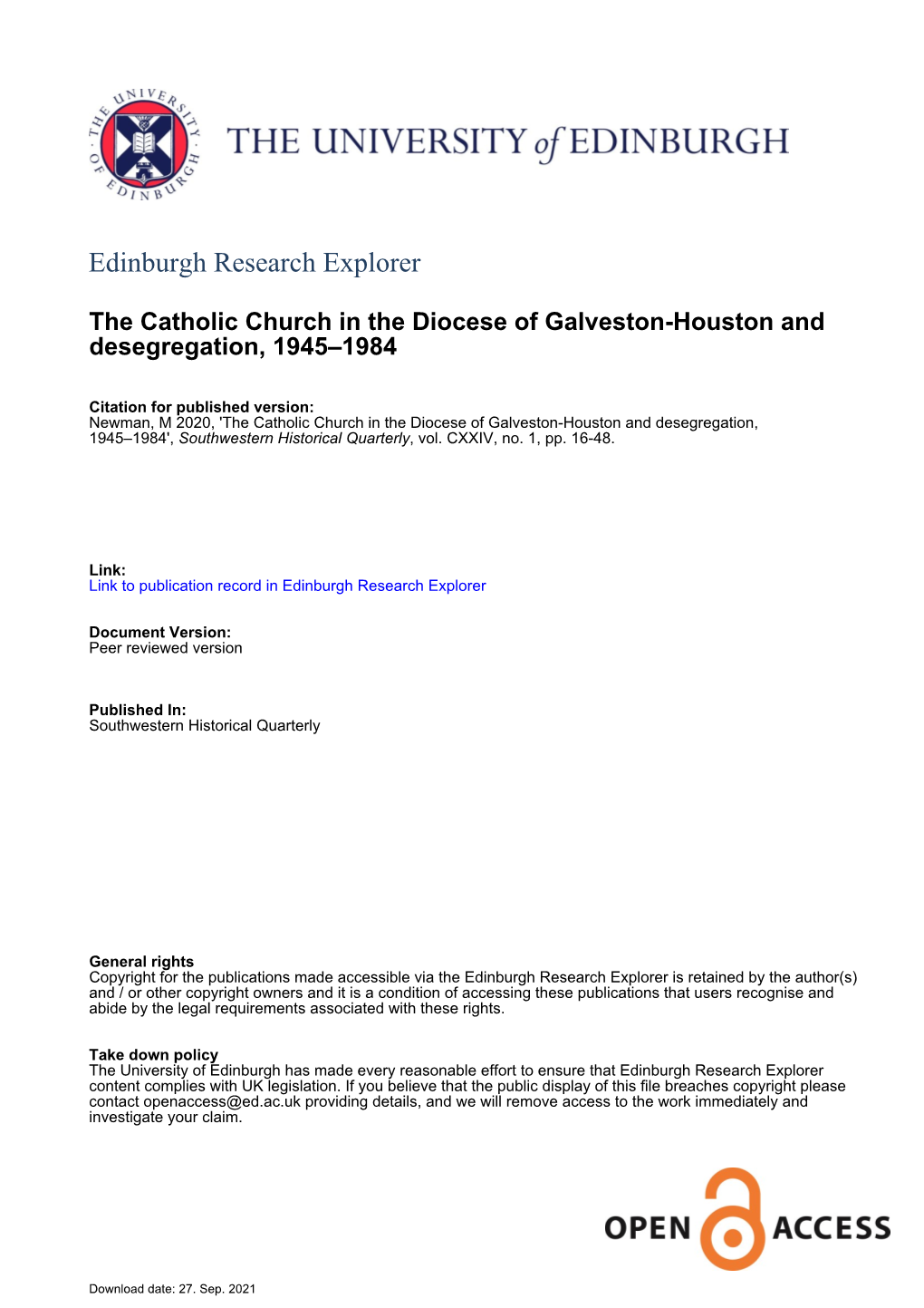 The Catholic Church in the Diocese of Galveston-Houston and Desegregation, 1945–1984