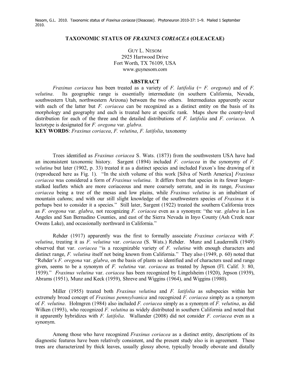 Taxonomic Status of Fraxinus Coriacea (Oleaceae)