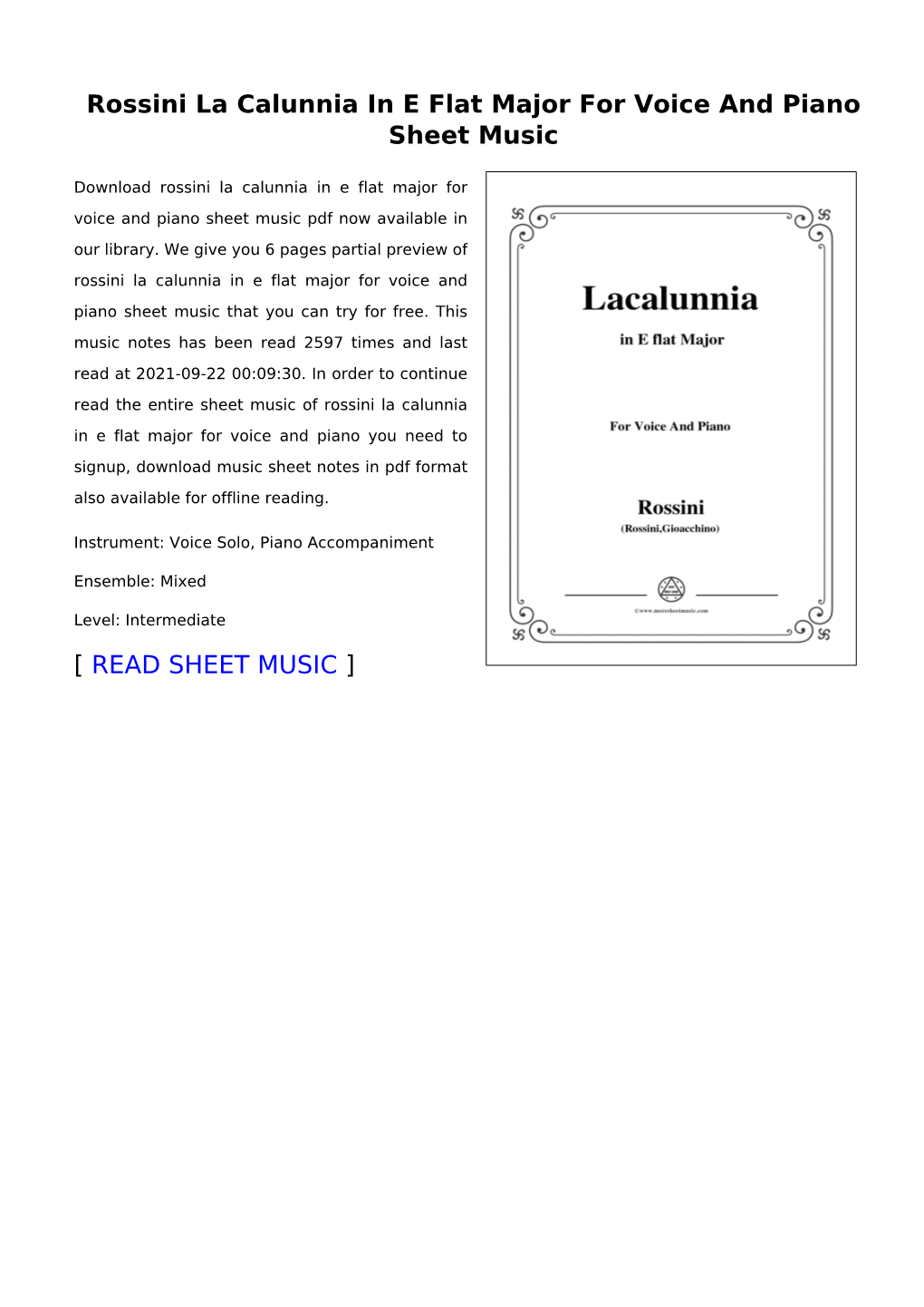 Rossini La Calunnia in E Flat Major for Voice and Piano Sheet Music