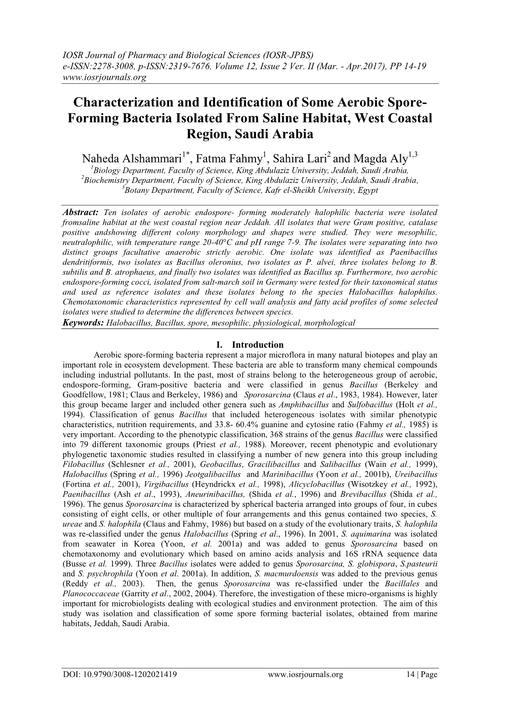 Characterization and Identification of Some Aerobic Spore- Forming Bacteria Isolated from Saline Habitat, West Coastal Region, Saudi Arabia