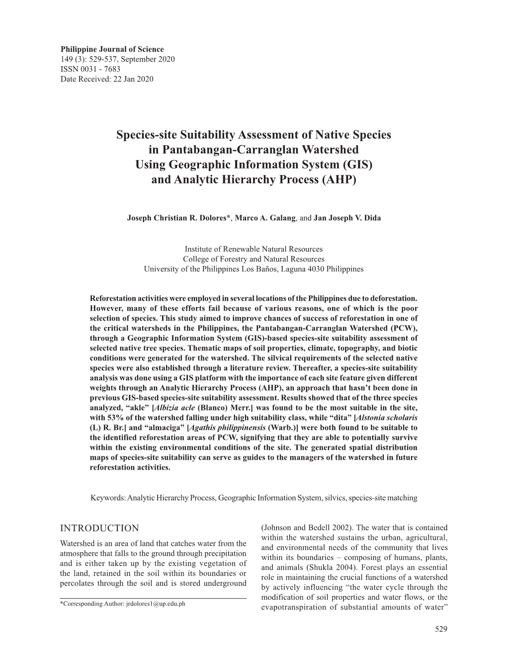 Species-Site Suitability Assessment of Native Species in Pantabangan