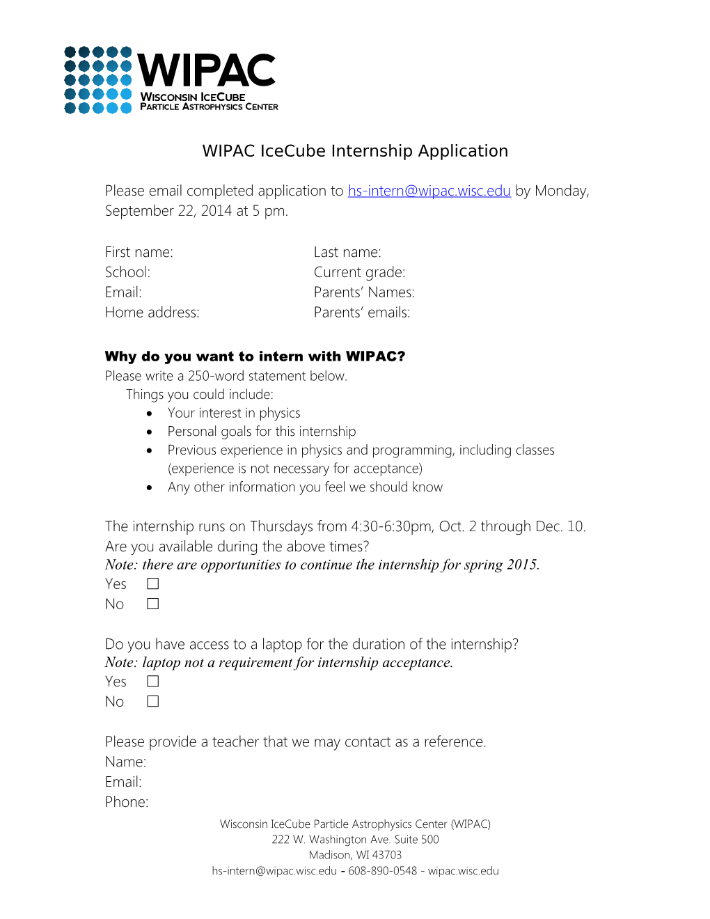 WIPAC Icecube Internship Application